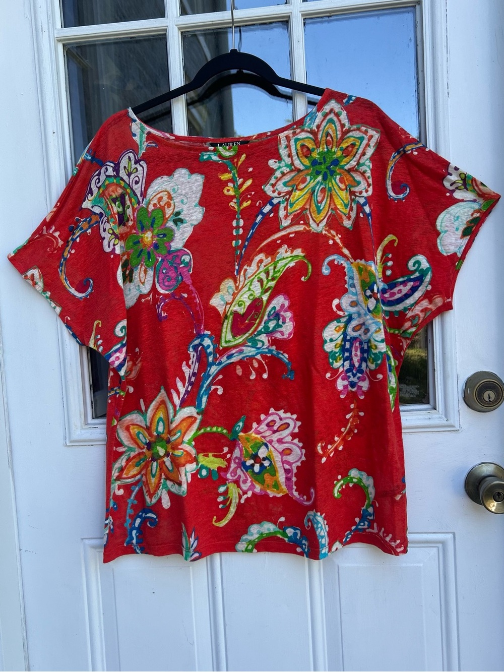 Lauren Ralph Lauren Red Floral Paisley 100% Linen Sleeveless Top Lg Resort Wear